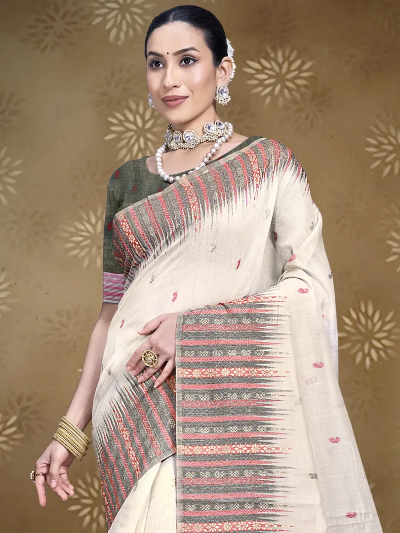 Cream Cotton Woven Work Traditional Saree