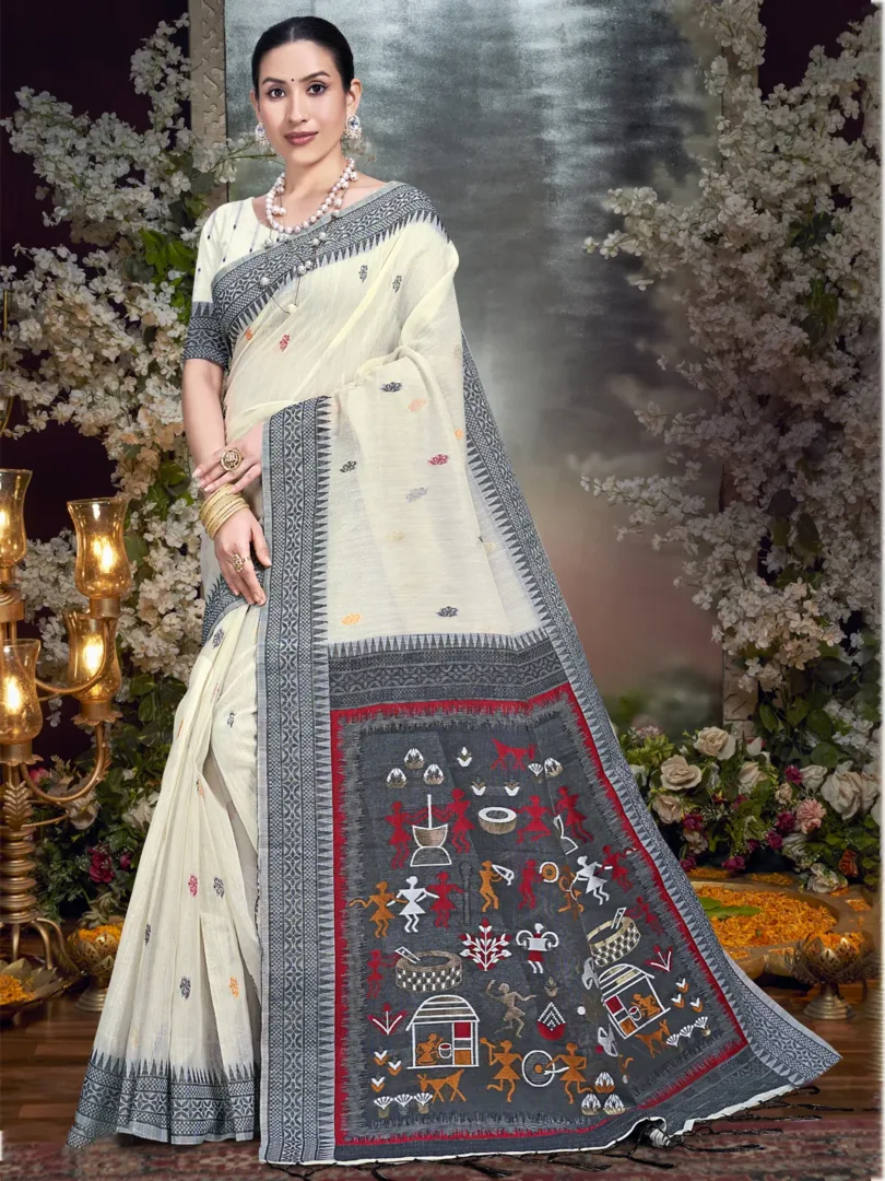 Cream Cotton Woven Work Traditional Saree