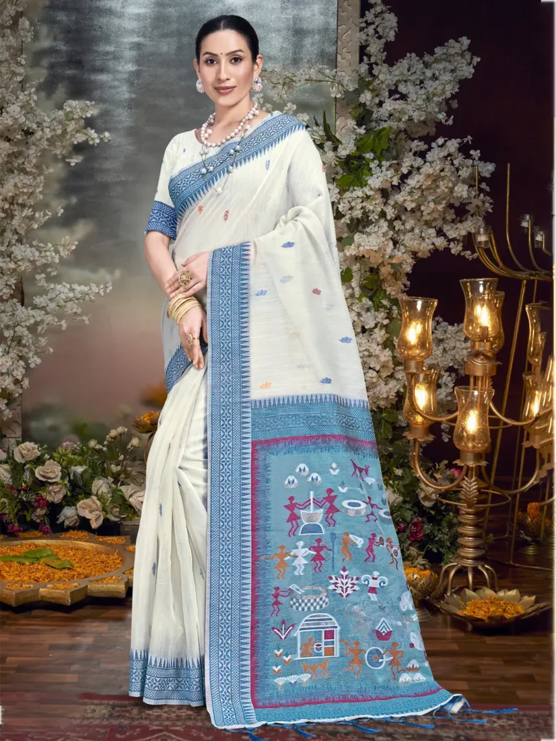 Cream Cotton Woven Work Traditional Saree