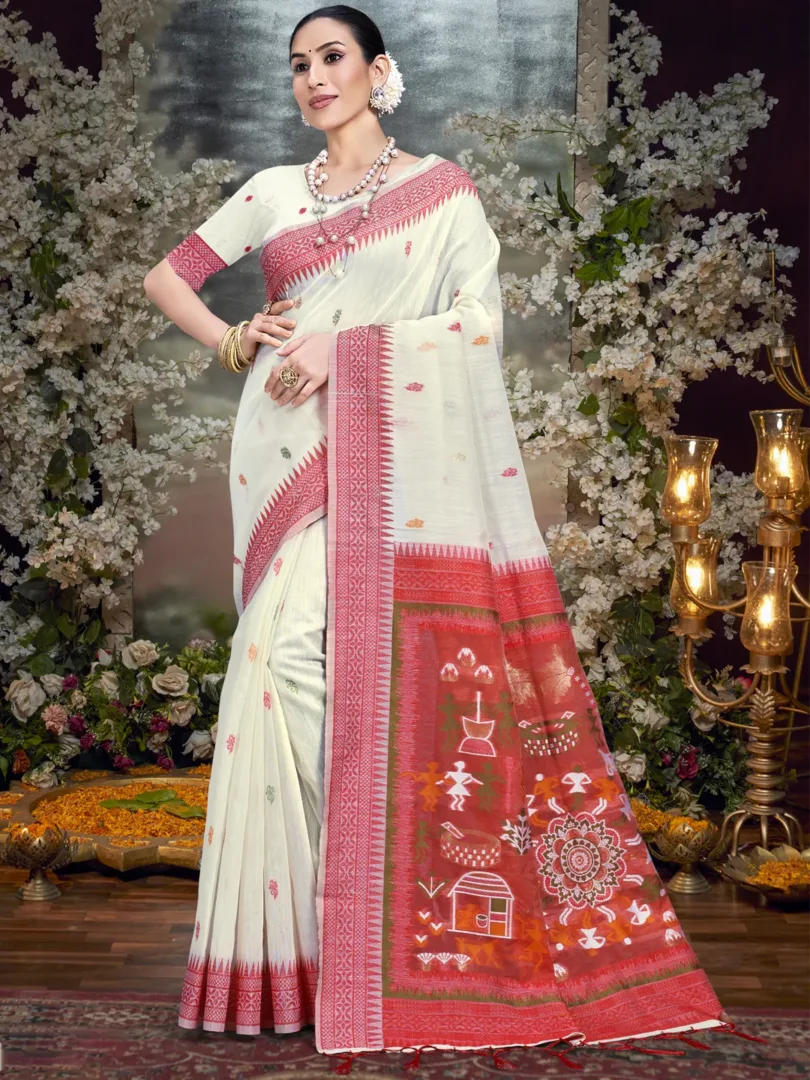 Cream Cotton Woven Work Traditional Saree