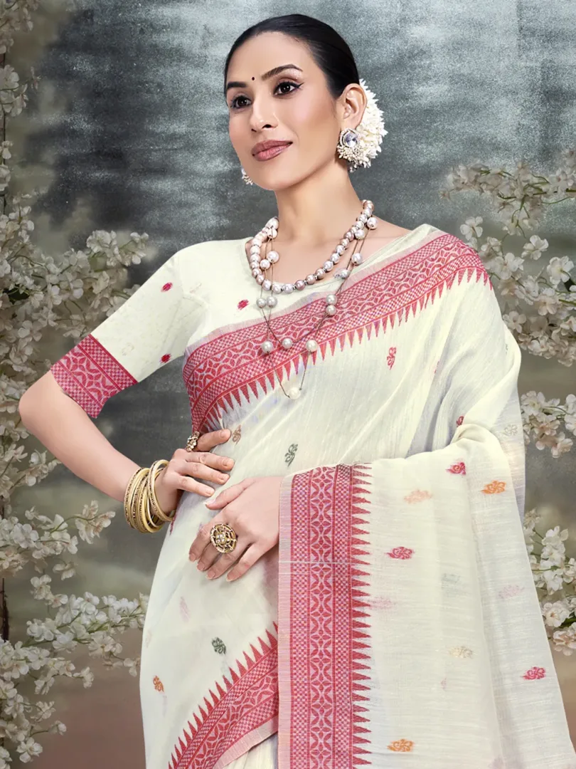 Cream Cotton Woven Work Traditional Saree