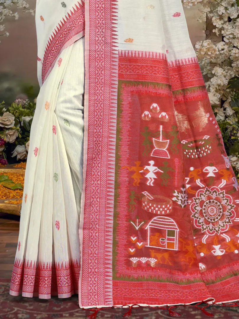 Cream Cotton Woven Work Traditional Saree