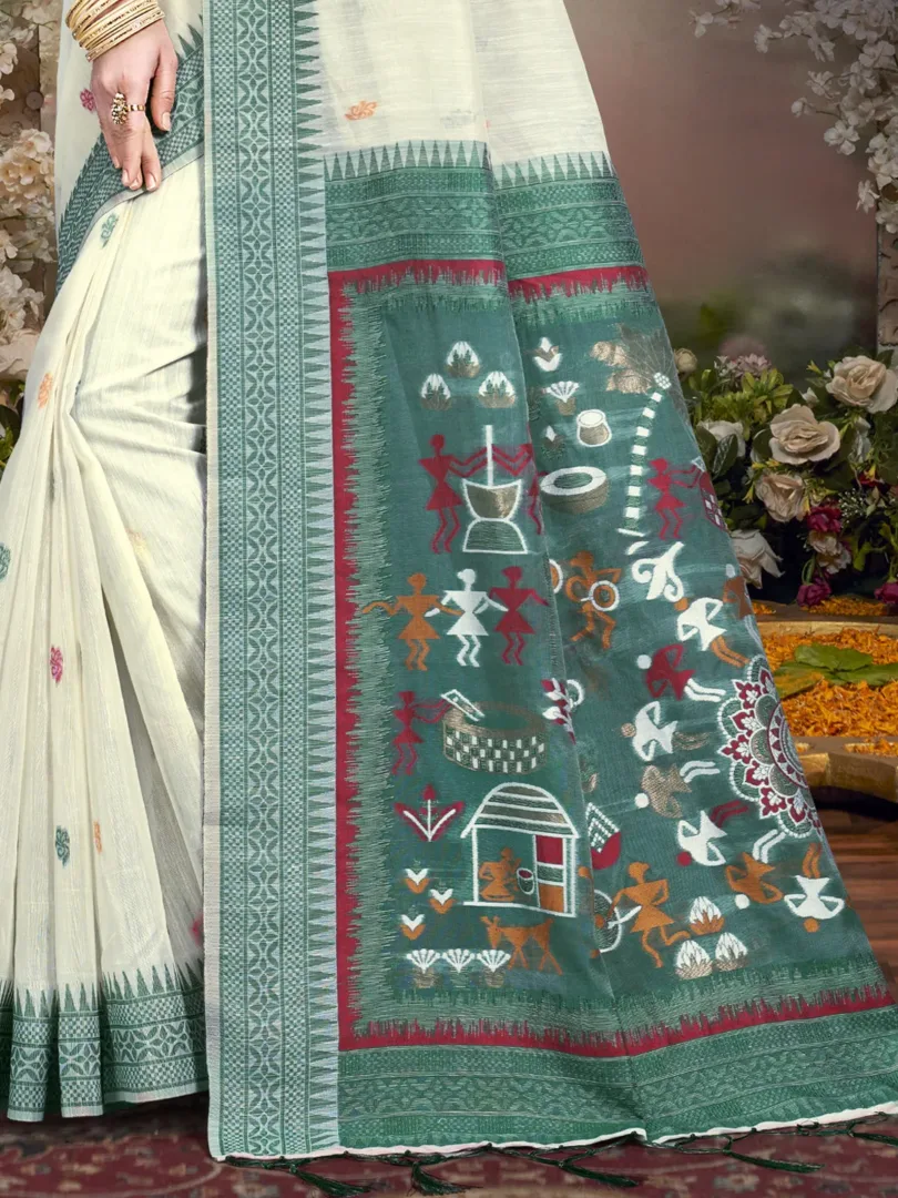 Cream Cotton Woven Work Traditional Saree