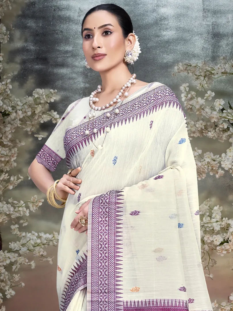 Cream Cotton Woven Work Traditional Saree