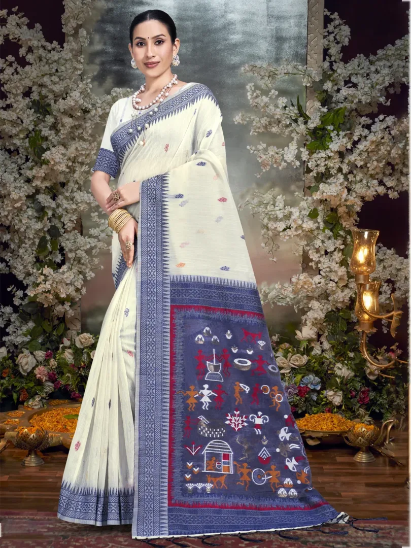 Cream Cotton Woven Work Traditional Saree