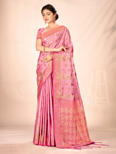 Pink Satin Silk Woven Work Traditional Tassels Saree