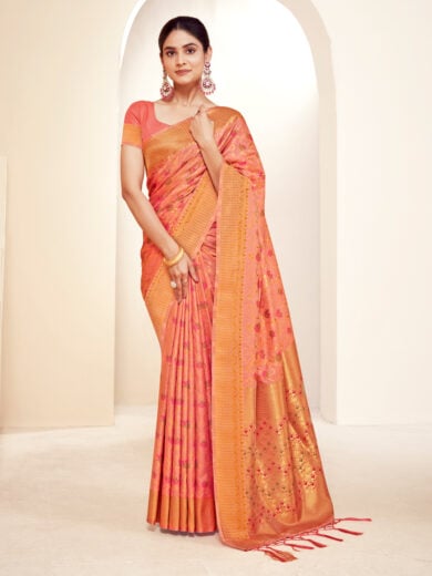 Peach Banarasi Silk Woven Work Traditional Tassels Saree