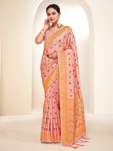 Pink Banarasi Silk Woven Work Traditional Tassels Saree