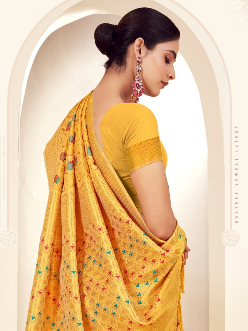 Mustard Banarasi Silk Woven Work Traditional Tassels Saree