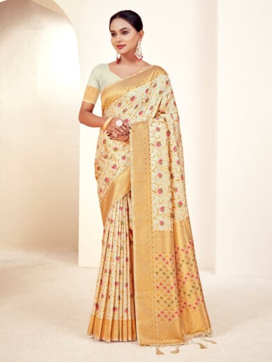 Cream Banarasi Silk Woven Work Traditional Tassels Saree