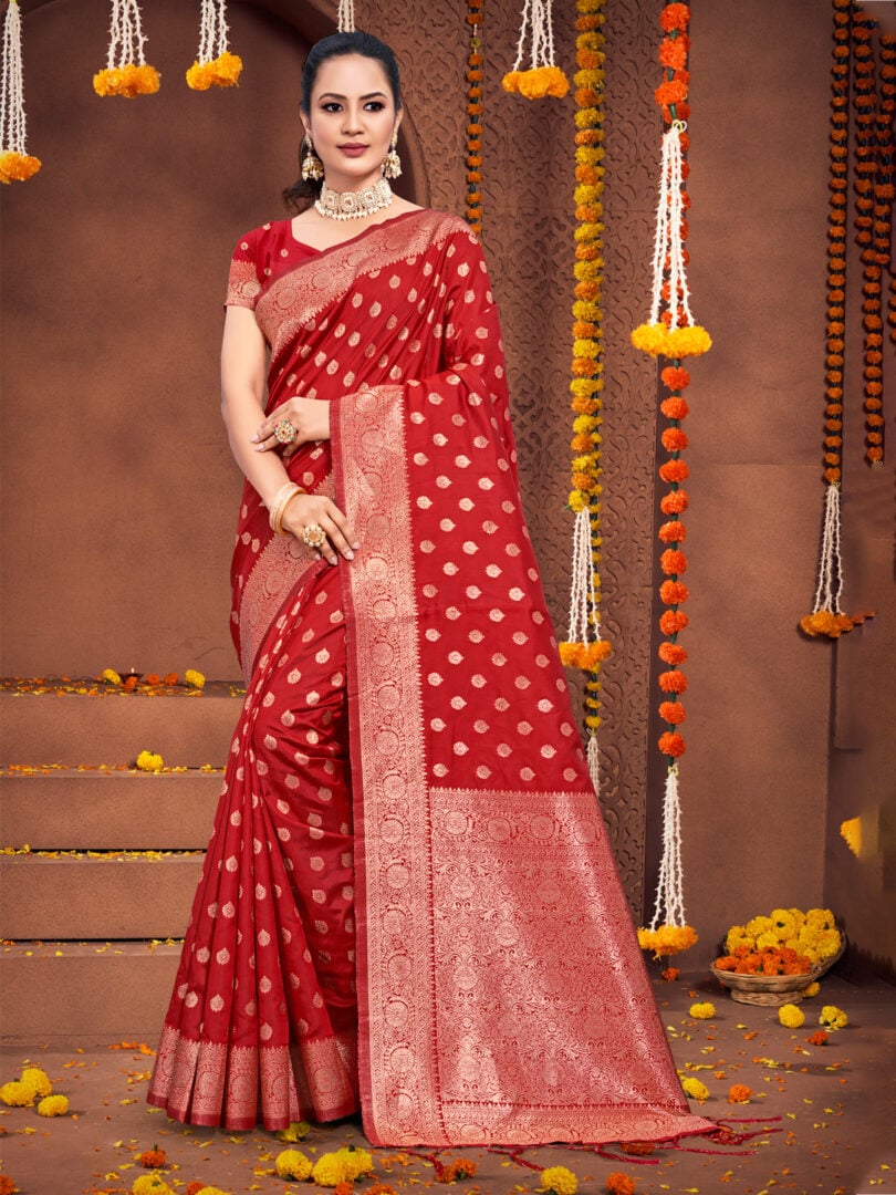 Red Silk Woven Work Traditional Tassels Saree