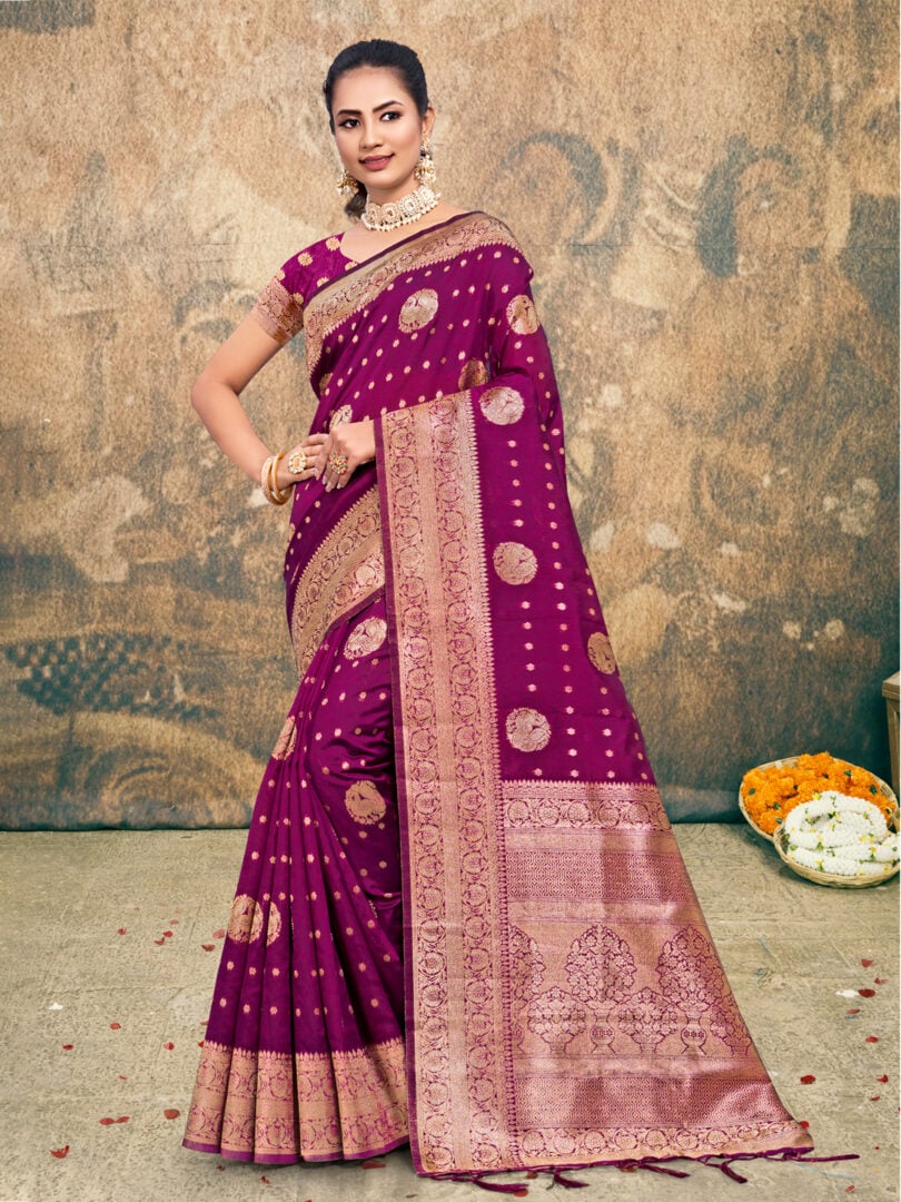 Wine Silk Woven Work Traditional Tassels Saree