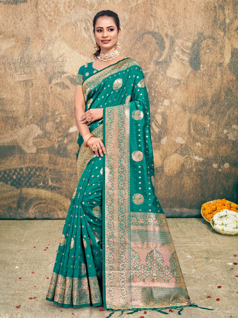 Turquoise Silk Woven Work Traditional Tassels Saree