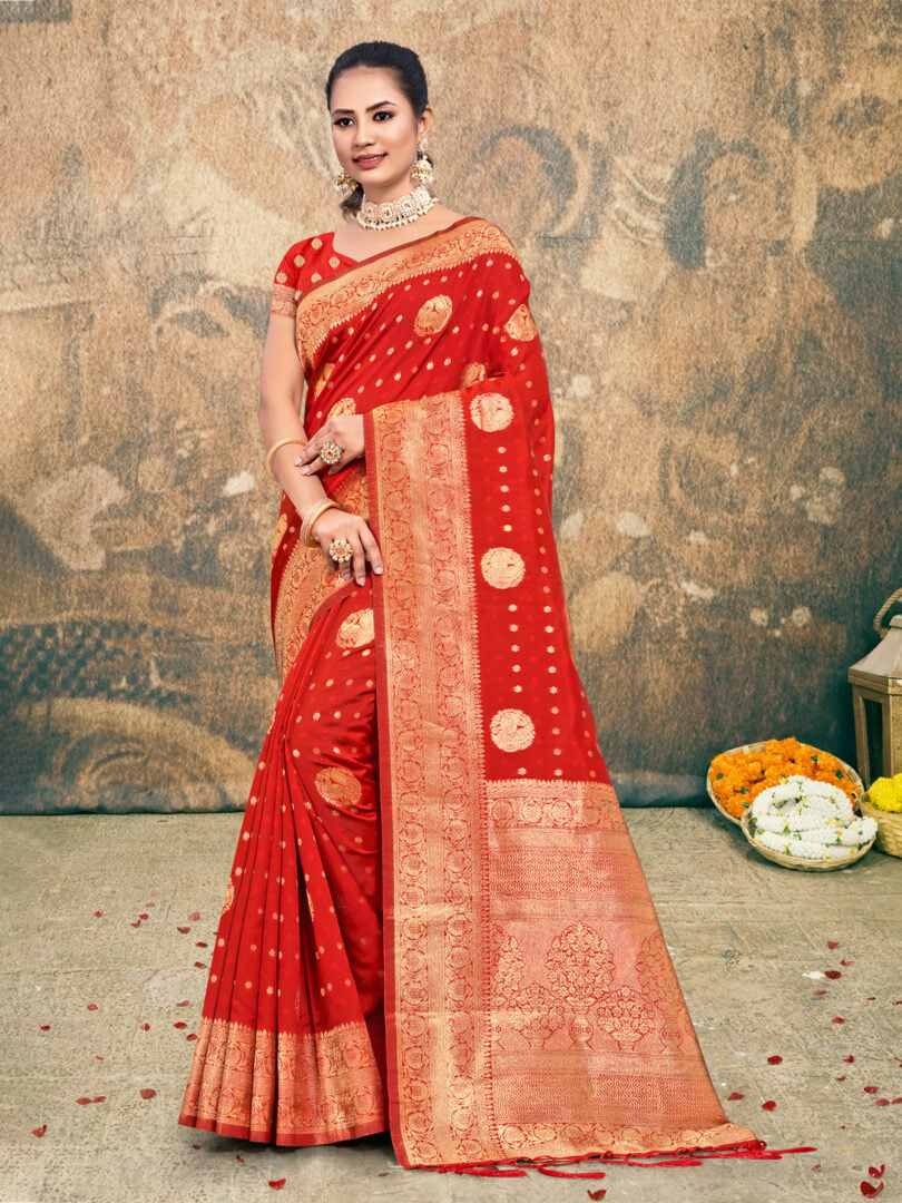 Red Silk Woven Work Traditional Tassels Saree