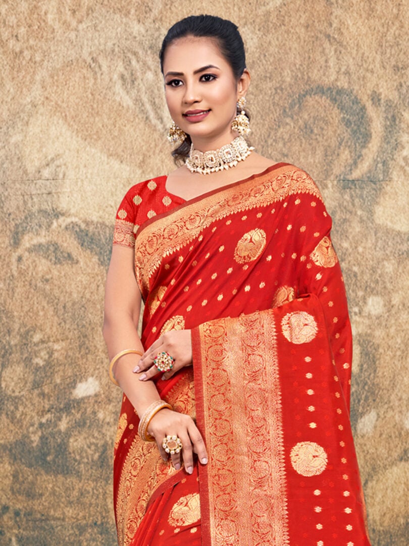 Red Silk Woven Work Traditional Tassels Saree