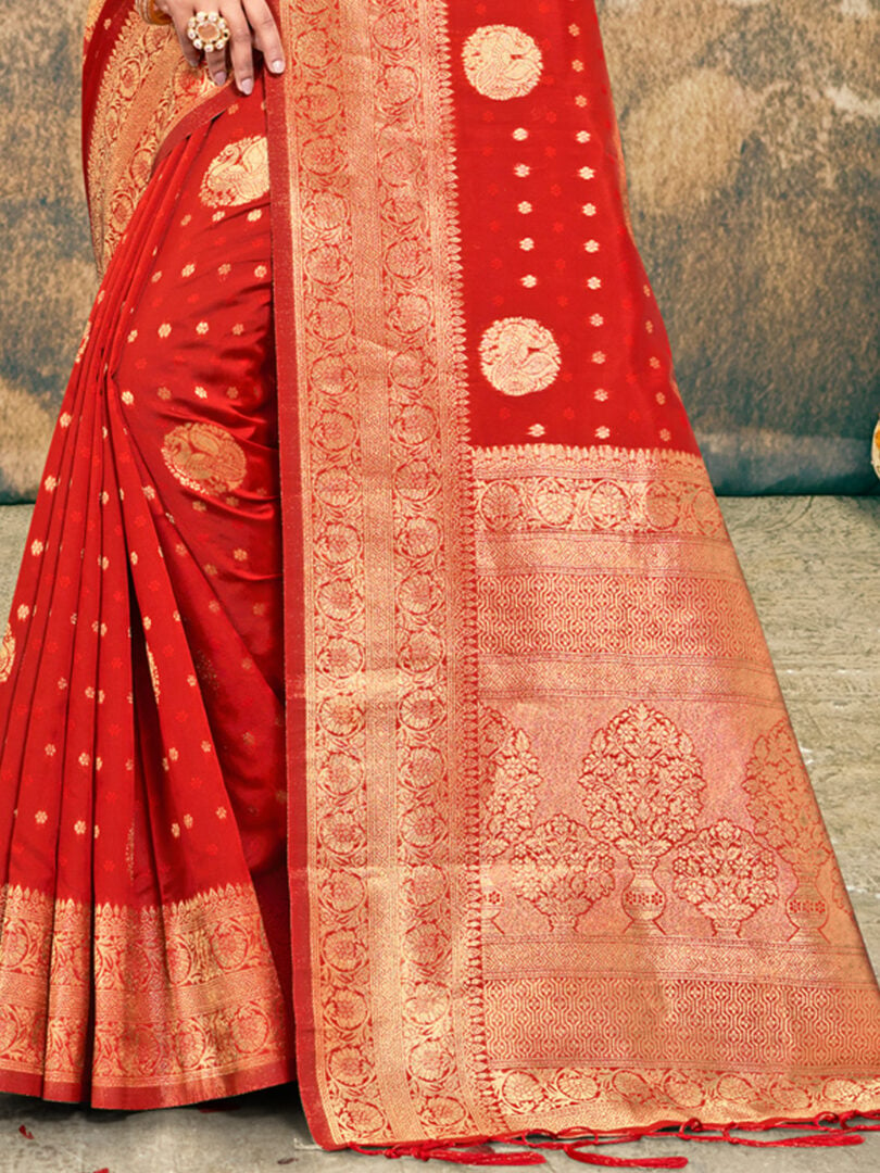 Red Silk Woven Work Traditional Tassels Saree