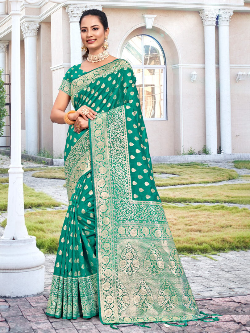 Turquoise Silk Woven Work Traditional Tassels Saree