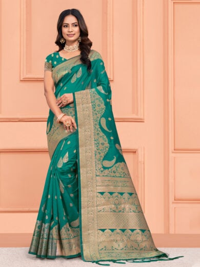 Turquoise Silk Woven Work Traditional Tassels Saree