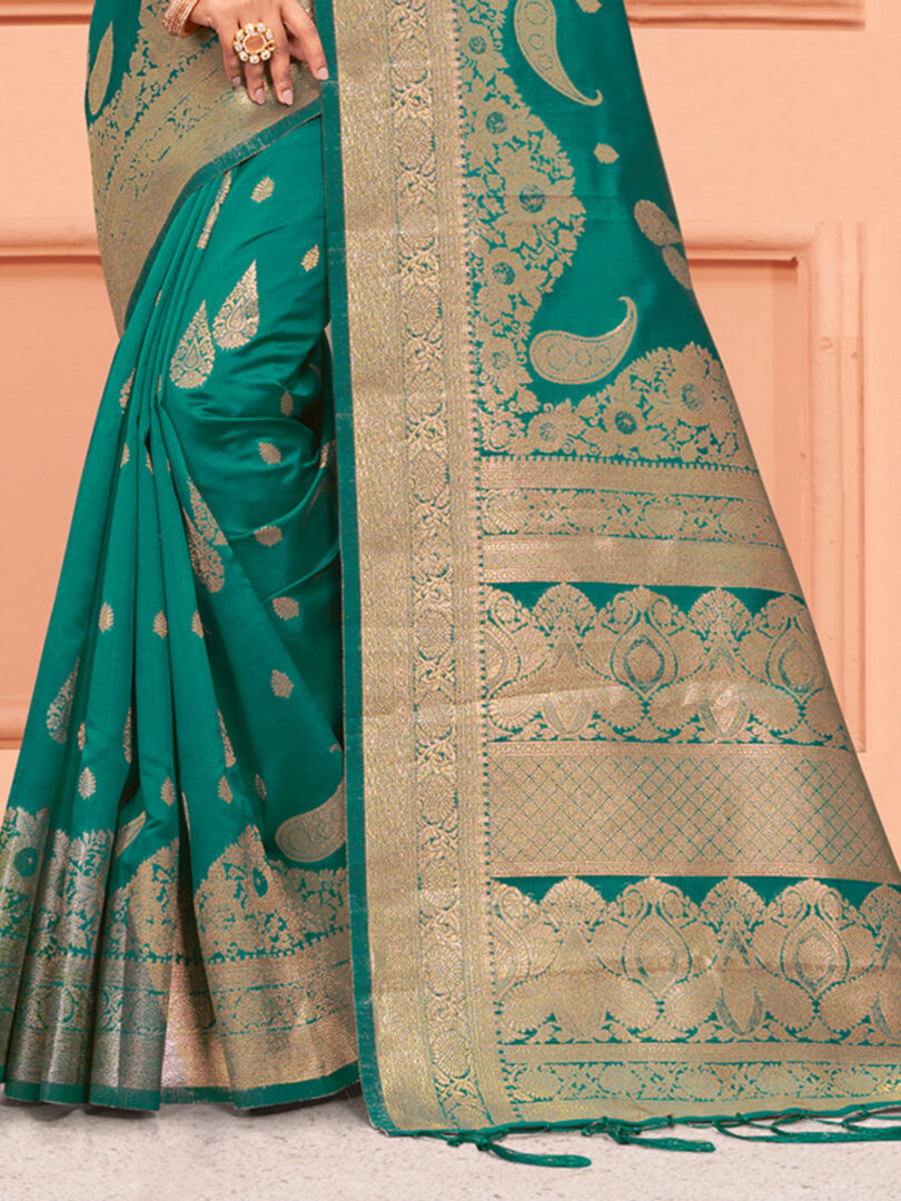 Turquoise Silk Woven Work Traditional Tassels Saree