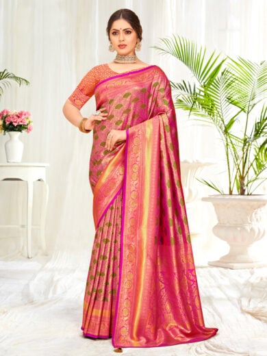 Pink Banarasi Silk Woven Work Traditional Tassels Saree
