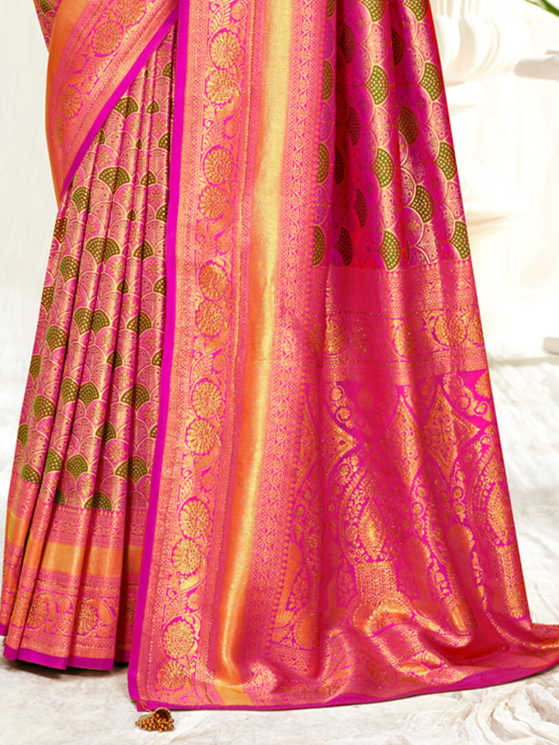 Pink Banarasi Silk Woven Work Traditional Tassels Saree