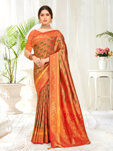 Orange Banarasi Silk Woven Work Traditional Tassels Saree