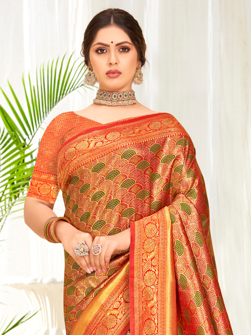 Orange Banarasi Silk Woven Work Traditional Tassels Saree