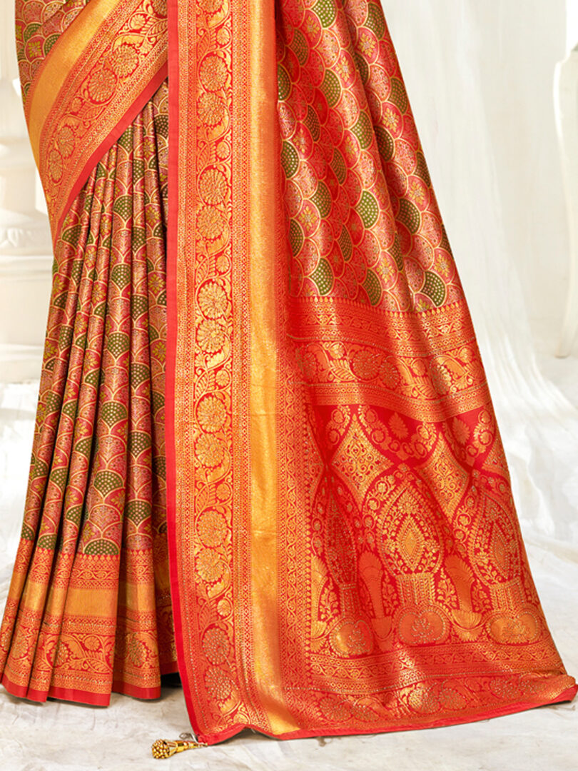 Orange Banarasi Silk Woven Work Traditional Tassels Saree