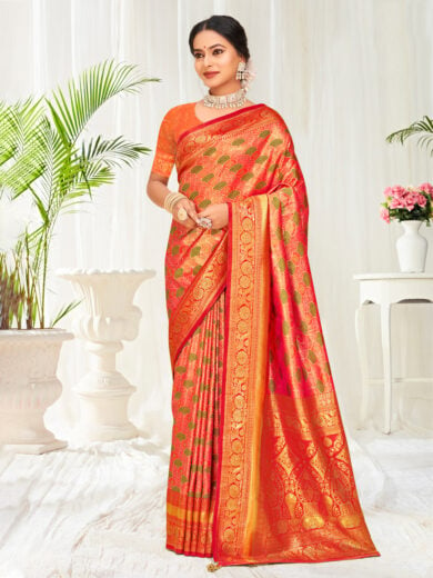 Orange Banarasi Silk Woven Work Traditional Tassels Saree