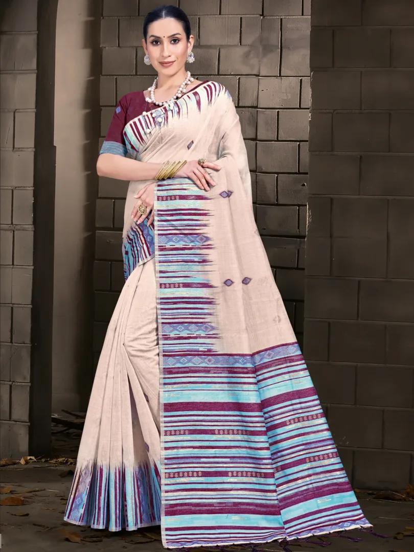 Cream Cotton Woven Work Festival Saree