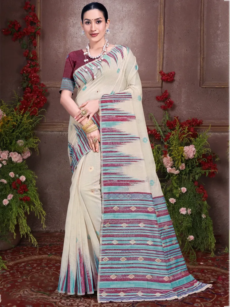 Cream Cotton Woven Work Traditional Saree