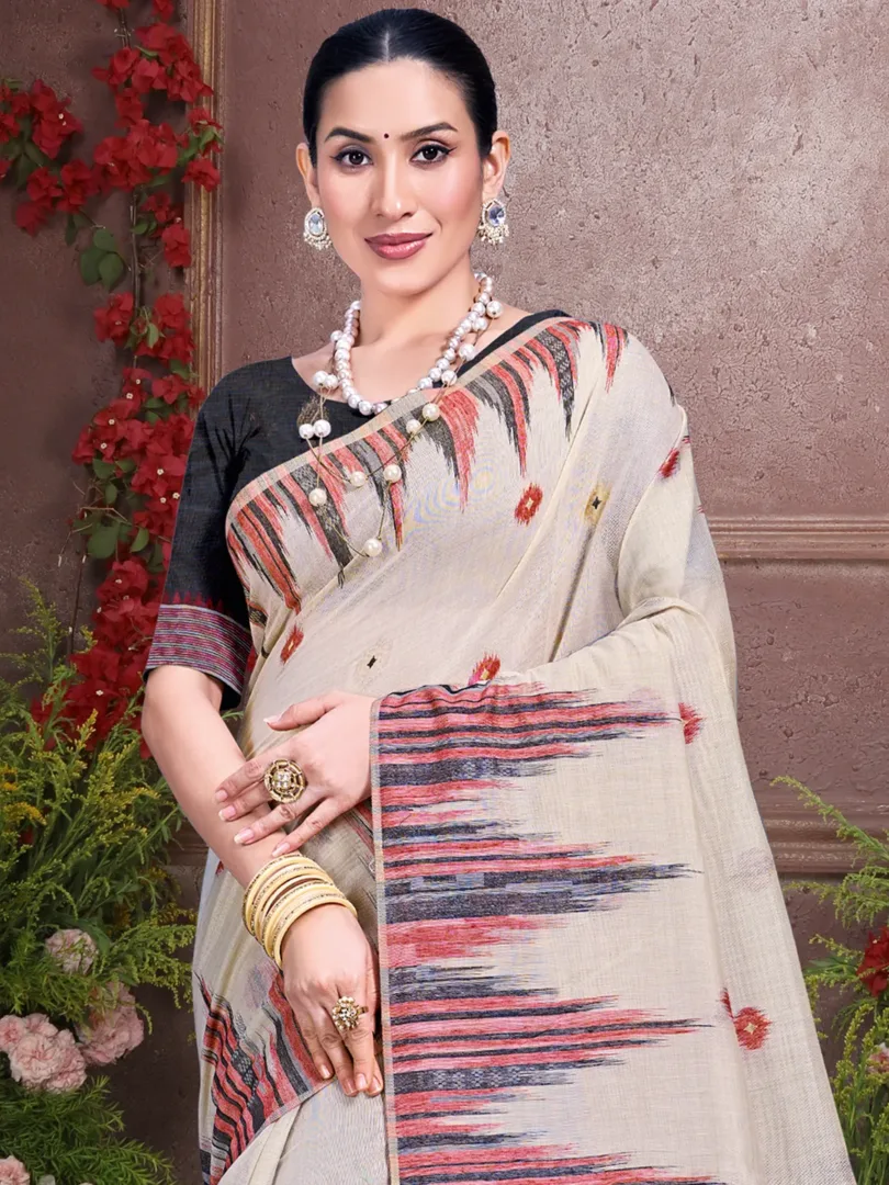 Cream Cotton Woven Work Traditional Saree