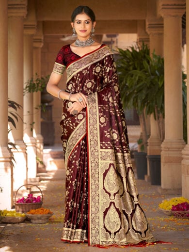 Maroon Satin Silk Woven Work Traditional Tassels Saree