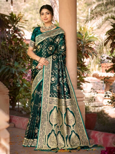 Green Satin Silk Woven Work Traditional Tassels Saree