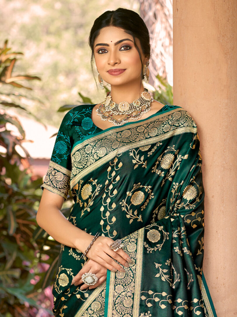 Green Satin Silk Woven Work Traditional Tassels Saree