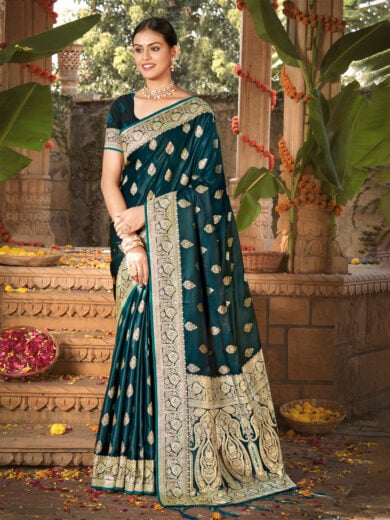 Green Satin Silk Woven Work Traditional Tassels Saree