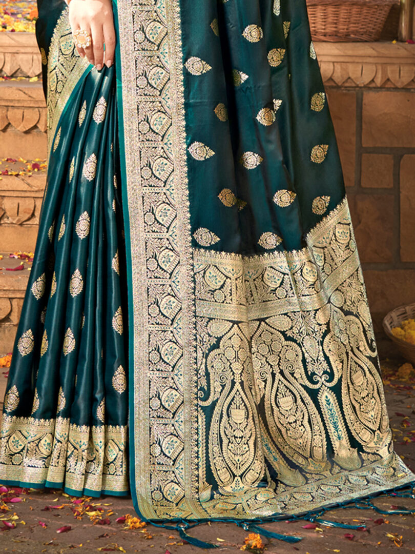 Green Satin Silk Woven Work Traditional Tassels Saree