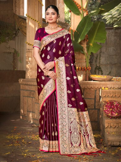 Wine Satin Silk Woven Work Traditional Tassels Saree