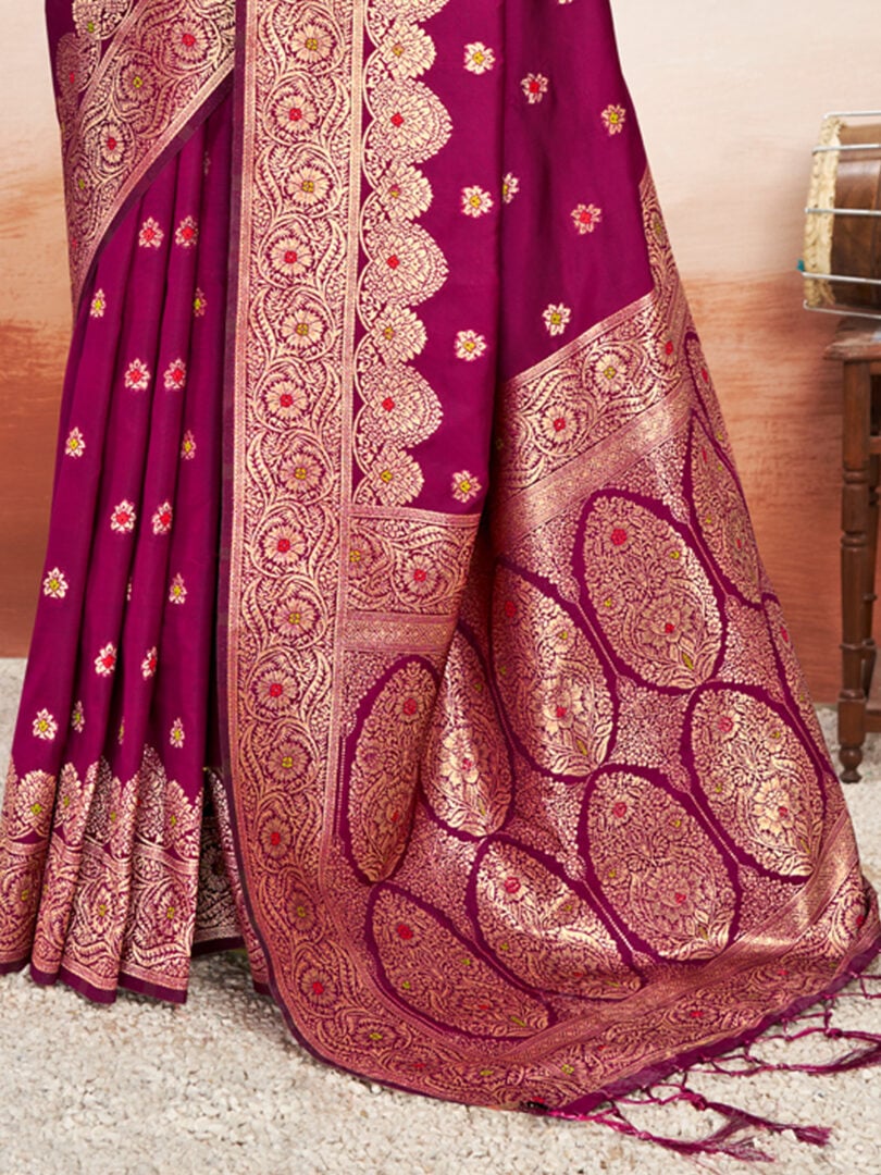 Wine Silk Woven Work Traditional Tassels Saree