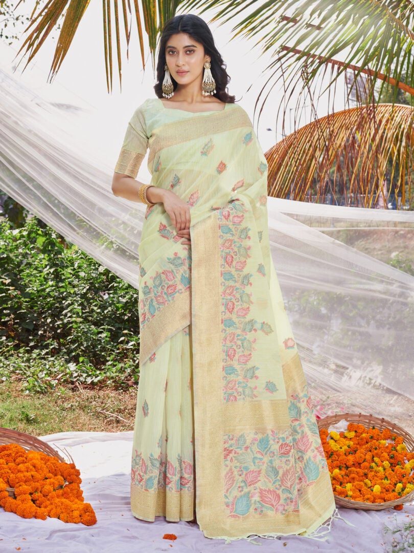 Light Green Cotton Digital Print Traditional Tassels Saree