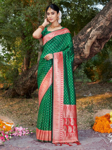 Green Banarasi Silk Woven Work Traditional Tassels Saree