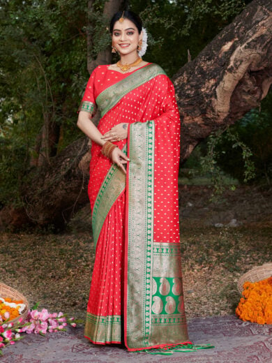 Red Banarasi Silk Woven Work Traditional Tassels Saree