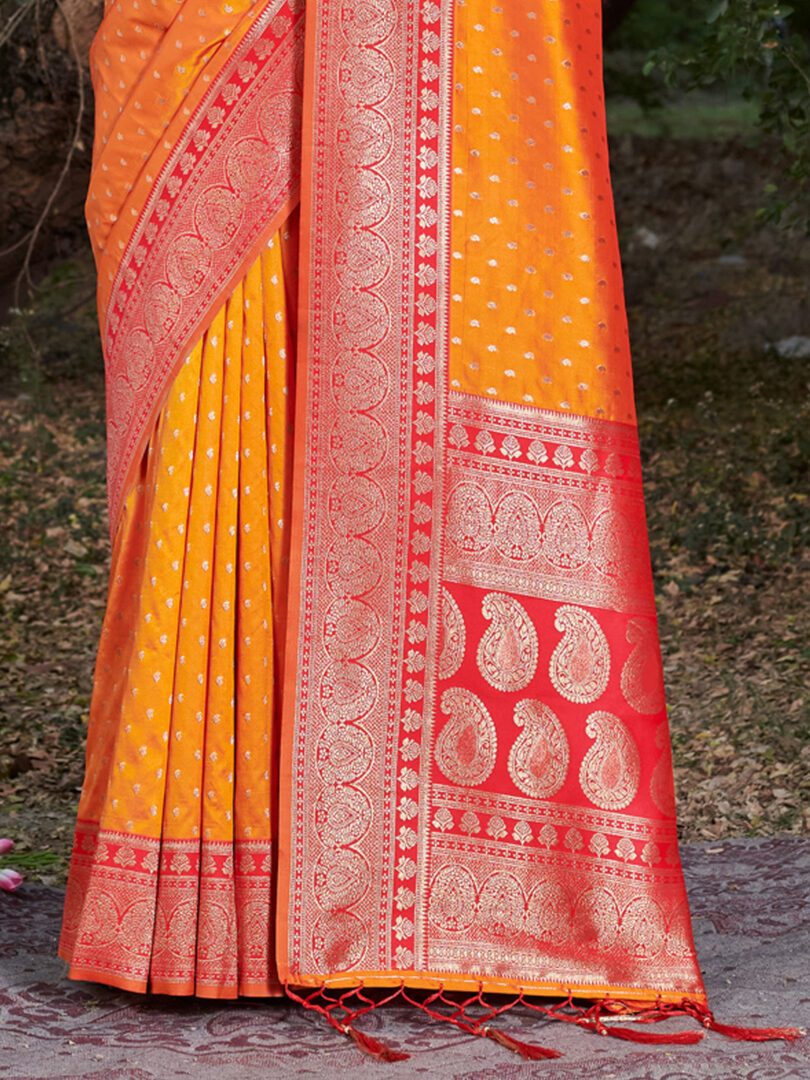 Mustard Banarasi Silk Woven Work Traditional Tassels Saree