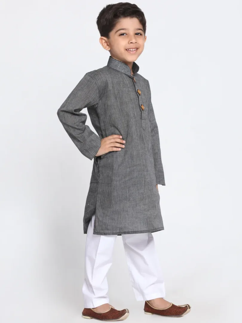 Boys' Black and White Pure Cotton Kurta Pyjama Set & Girls' Handloom Cotton Kurta And Straight Pant Set