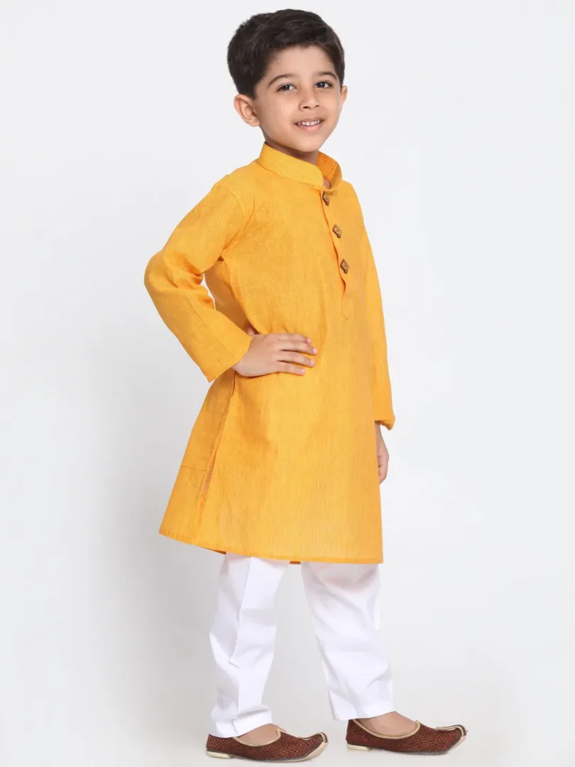 Boys' Yellow and White Pure Cotton Kurta Pyjama Set & Girls' Handloom Cotton Kurta And Straight Pant Set