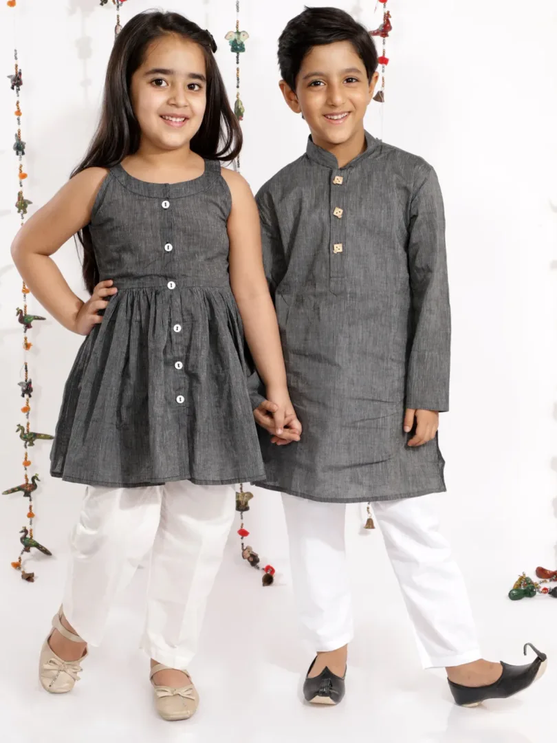 Boys' Black and White Pure Cotton Kurta Pyjama Set & Girls' Handloom Cotton Kurta And Straight Pant Set