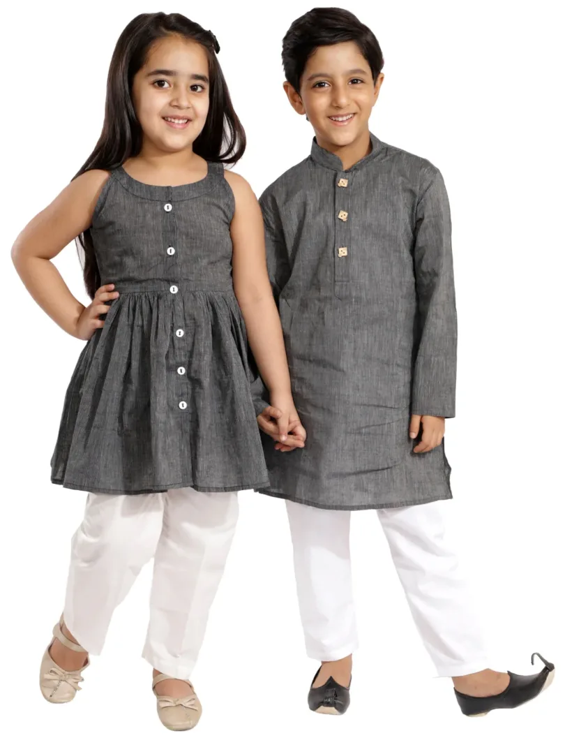 Boys' Black and White Pure Cotton Kurta Pyjama Set & Girls' Handloom Cotton Kurta And Straight Pant Set