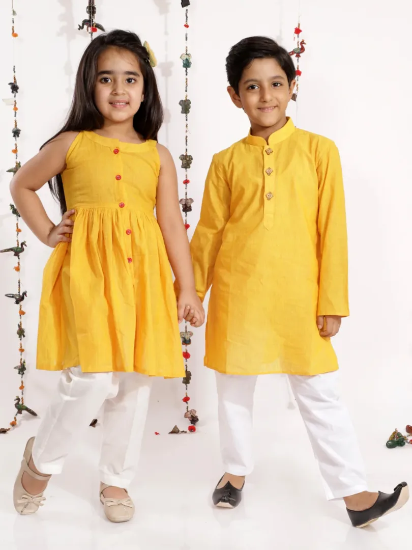 Boys' Yellow and White Pure Cotton Kurta Pyjama Set & Girls' Handloom Cotton Kurta And Straight Pant Set