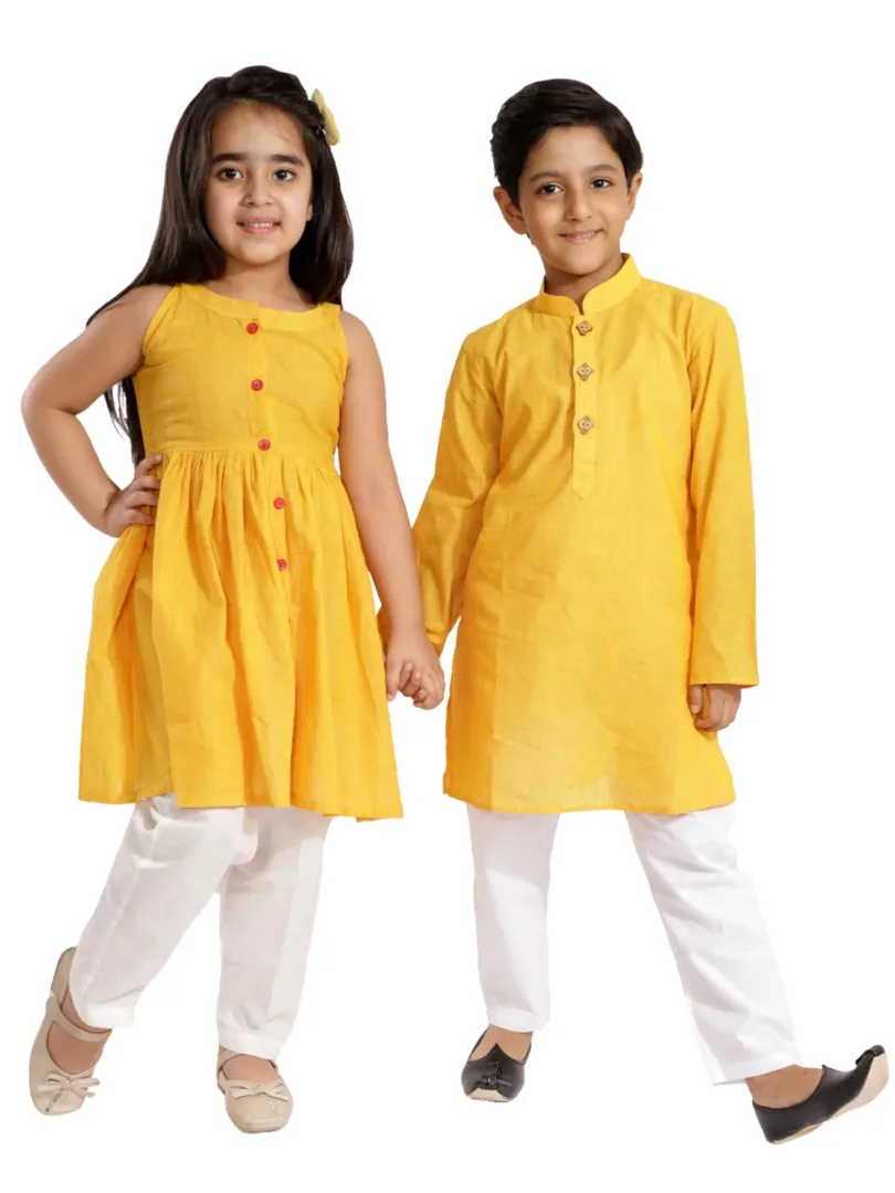 Boys' Yellow and White Pure Cotton Kurta Pyjama Set & Girls' Handloom Cotton Kurta And Straight Pant Set