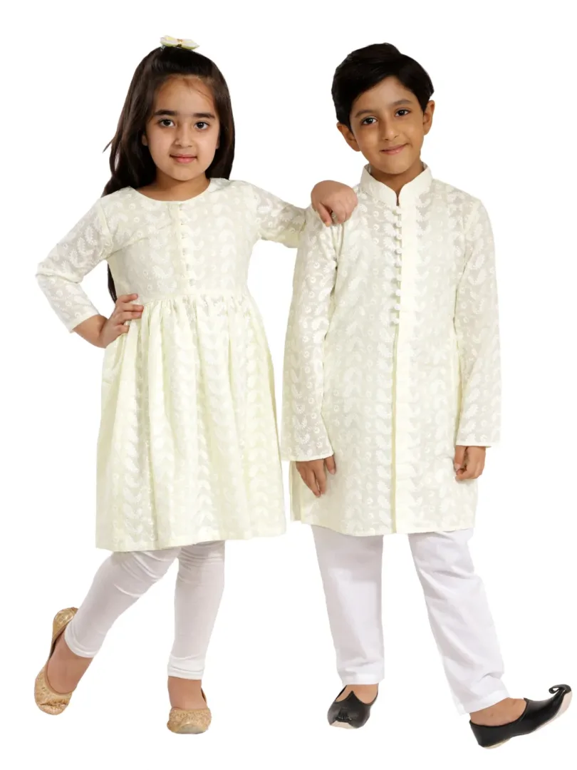 VASTRAMAY Boys' Yellow And White Kurta Pyjama Set & Girls' Chikankari Cotton Kurta And Leggings Set